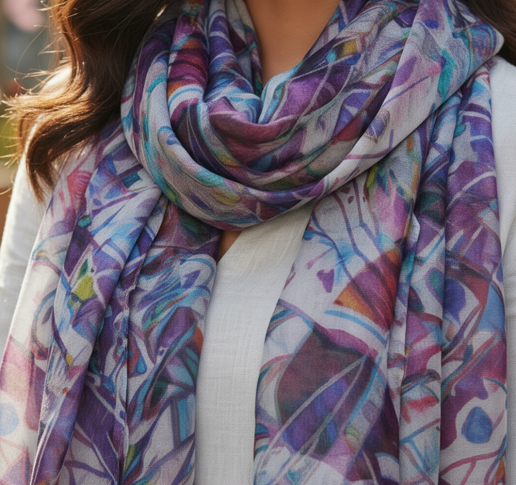 Purple & Burgundy Printed Silk Scarf for Women – view 2