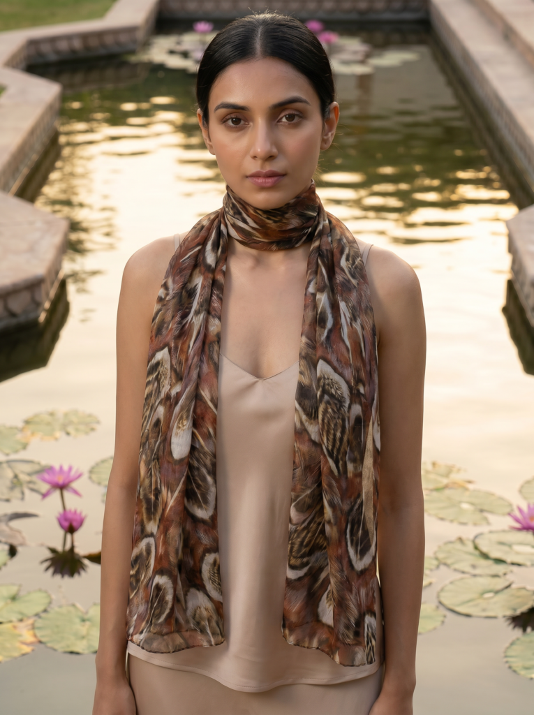 Women's Modal Scarf – Feather Print Boho Style, Brown & Rust Lightweight Scarf