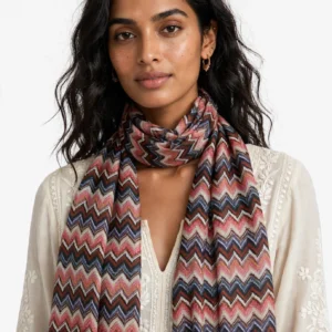 Boho Bliss Multi-color Chevron Silk Scarf - Pink & Mocha Zigzag